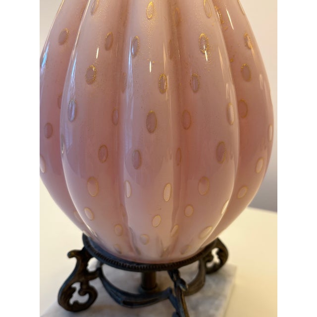 Vintage Murano Pink Ribbed Glass Table Lamp on Marble Base For Sale - Image 10 of 10