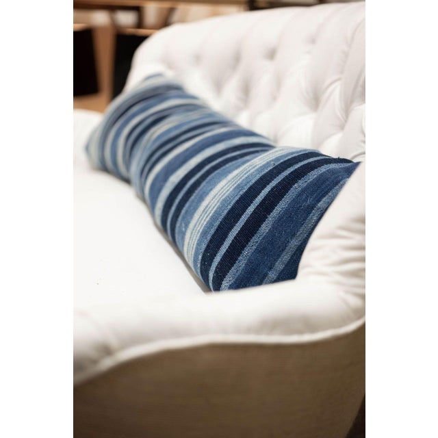 Long Rich Faded Indigo Stripe Lumbar Cushion For Sale - Image 9 of 9