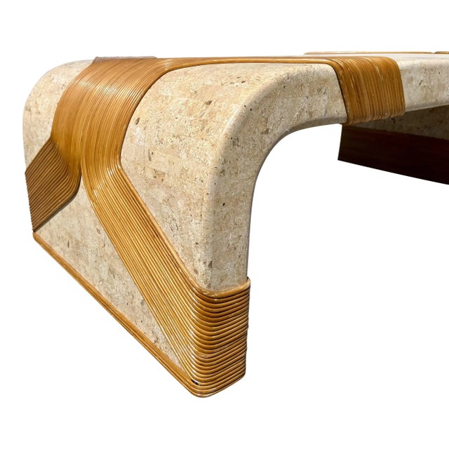 Modern Tessellated Marble & Pencil Bamboo Waterfall Style Coffee Table For Sale - Image 4 of 5