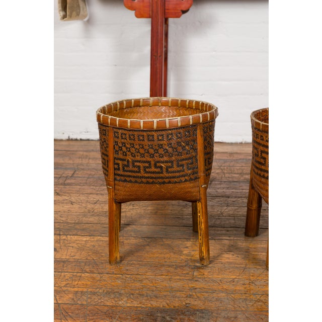Mid 20th Century Woven Rattan Basket on Legs with Greek Key Motifs For Sale - Image 4 of 12