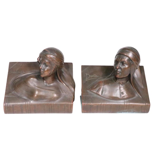 Metal Pr. Bronze Finish Clad Dante and Beatrice Bookends by Jennings Brothers C. 1930's For Sale - Image 7 of 12