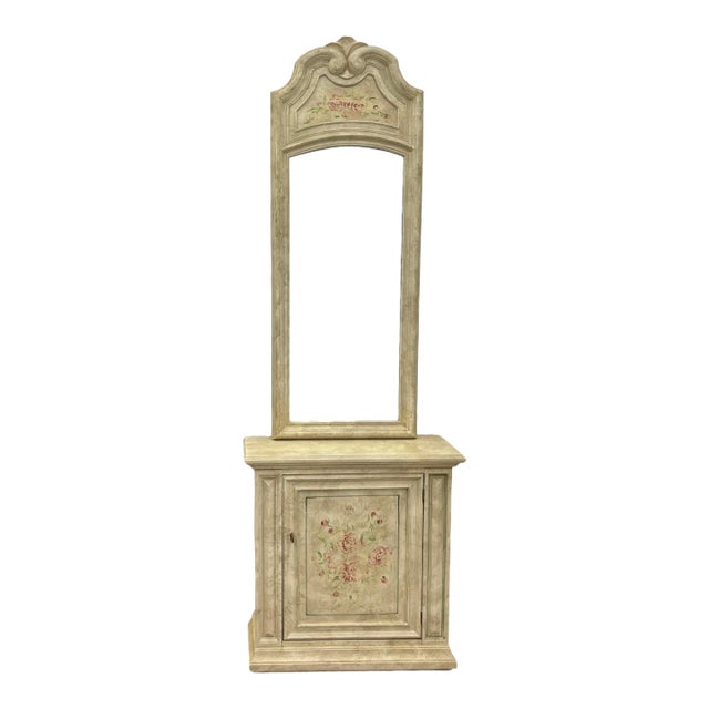 Vintage Rustic Shabby Chic Floral Painted Hall Chest & Mirror For Sale