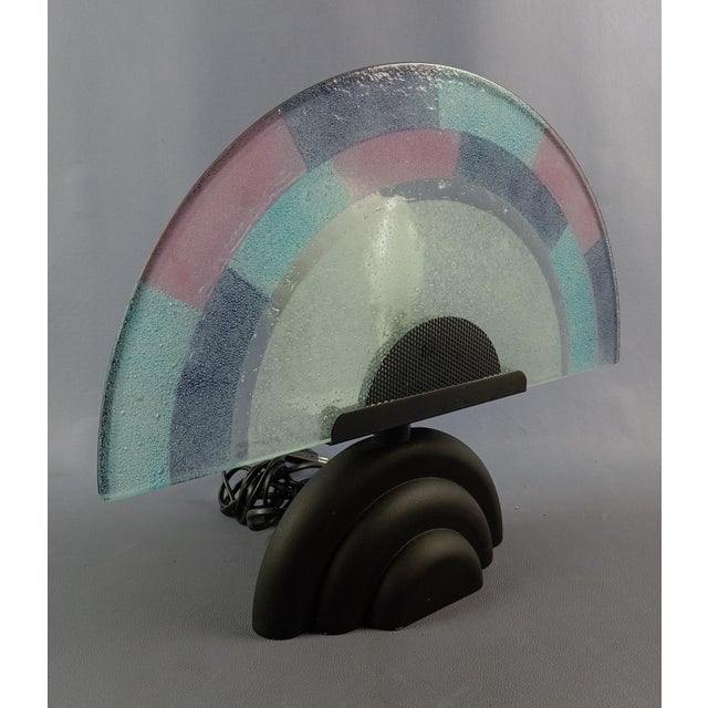 Stunning vintage table lamp, fan/half-moon lampshade design, in Murano glass, light blue, pink, purple and transparent....