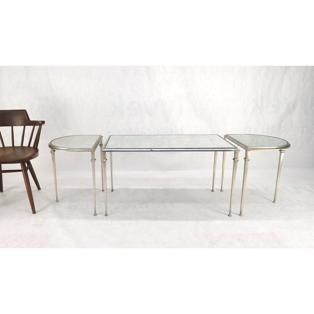 Heavy Silver Gilt Steel Mirrored Top Racetrack Shape 3 Pieces Coffee End Tables For Sale - Image 10 of 10