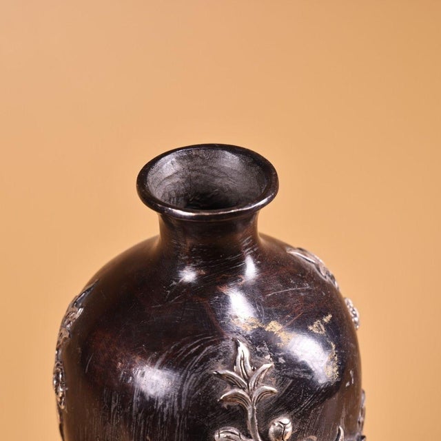 Bronze Pair of Antique Repoussé Bronze Vases With Silver-Gilt Magpie & Plum Blossom Motifs For Sale - Image 8 of 10