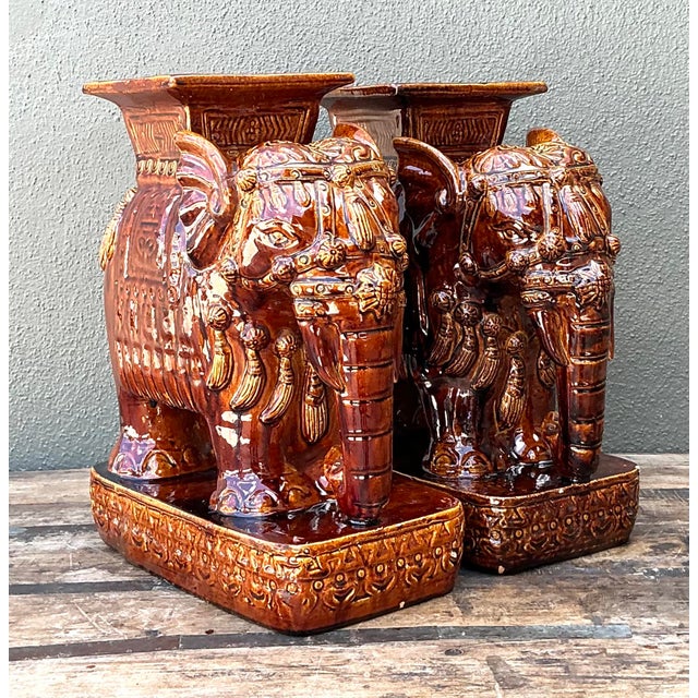 Brown Vintage Glazed Ceramic Elephant Low Stools - A Pair For Sale - Image 8 of 12