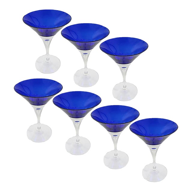 Block Crystal Cobalt Blue Matini Glasses Stockholm Pattern - Set of 7 For Sale
