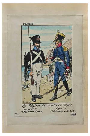 Herbert Knotel, Croatian Regiments in Illyria, Ink & Watercolor Drawing, 1940s