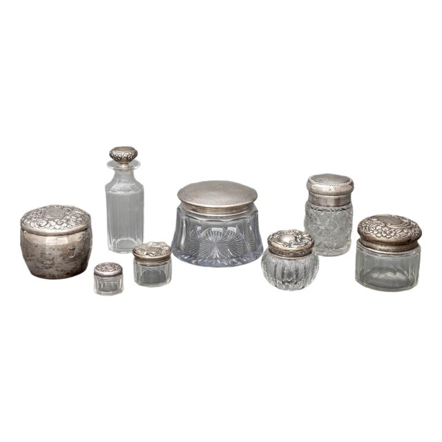 Sterling Silver & Cut Glass Vanity Accessories, 8 For Sale