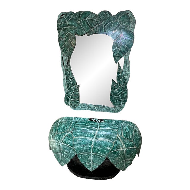 1970s Palm Leaves Mirror and Matching Console Table in the Style of Maitland Smith - Set of 2 For Sale