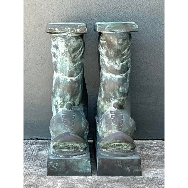 Vintage Patinated Bronze Dolphin Table Pedestals - A Pair For Sale - Image 11 of 12