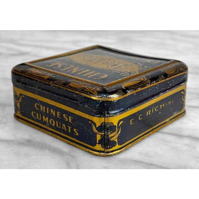 Navy Blue Antique Art Nouveau "Rich's Chinese Cumquat" Advertising Candy Tin Box For Sale - Image 8 of 11