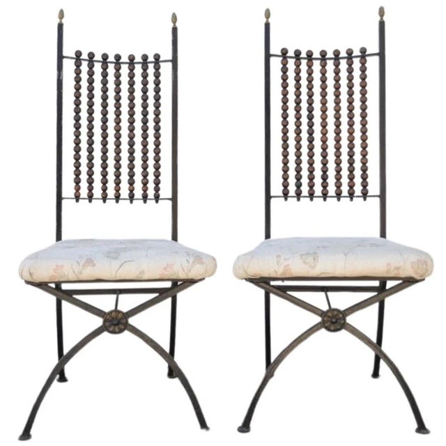 Vintage Hollywood Regency Wooden Ball "Abacus" Wrought Iron Curule Dining Chairs - Set of 4. Item features wood beaded...