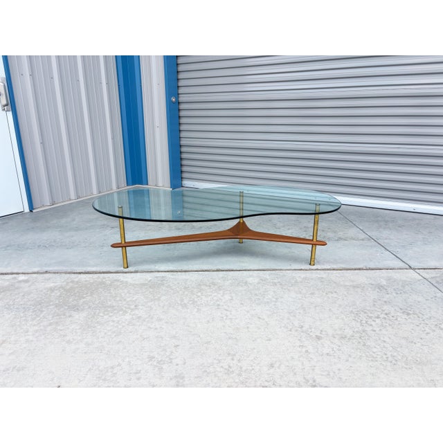 1960s 1960s Mid-Century Modern Freeform Glass Coffee Table With Walnut and Brass Base For Sale - Image 5 of 14