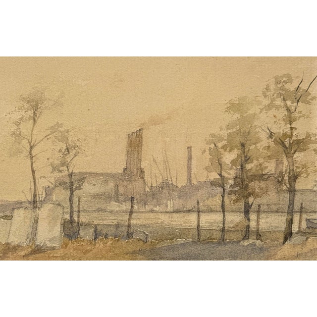 Mill with Masted Ships in a Harbor Original Watercolor Early Watercolor of a coastal Mill with Schooners in a harbor, by...