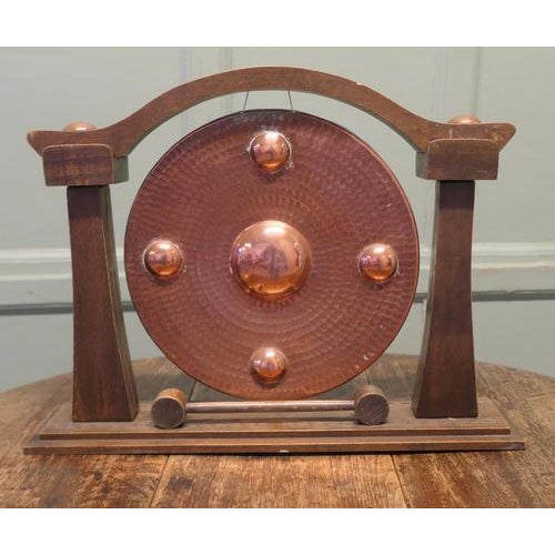 French Arts and Crafts Carved Copper Table Gong This is a lovely stylish piece, the Copper Gong is hand beaten in the Arts...