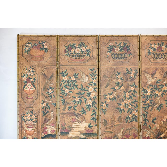 Late 20th Century Six-Panel Leather Screen with Birds, Flowers, and Roosters - Vintage For Sale - Image 5 of 12