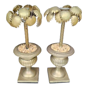 Pair of Vintage Brass Palm Tree in Urn Candle Stick Holders