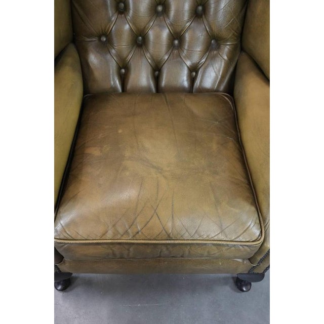English Style Moss Green Cowhide Chesterfield Wingback Armchair For Sale - Image 6 of 16