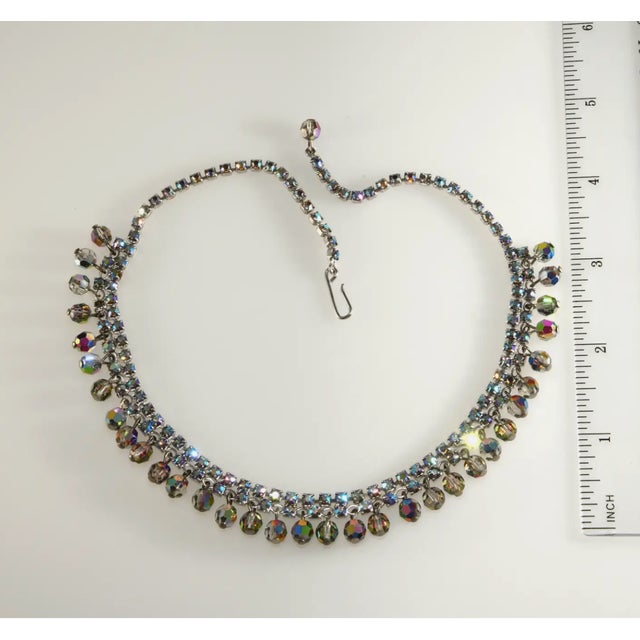Vintage Necklace Dangling Glass Beads Iridescent Blue Rhinestones Silver-Plated For Sale - Image 4 of 4