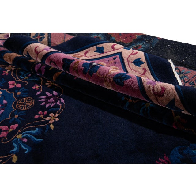 Antique Art Deco Dark Indigo Chinese Wool Rug 9 Ft X 11 Ft 10 In. For Sale - Image 9 of 13