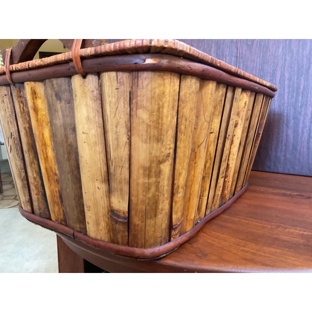 Wood Mid 20th Century Rattan Bamboo and Wood Basket With Handles For Sale - Image 7 of 10