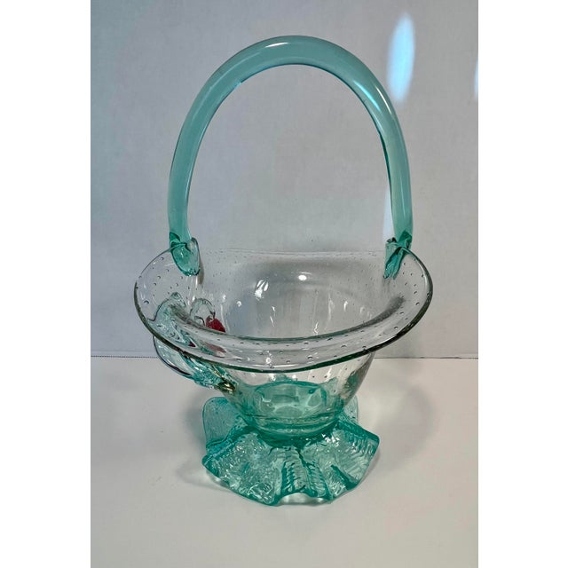 1970s Vintage Loetz Control Bubbles Uranium Glass Basket With Applied Cherries For Sale - Image 5 of 9