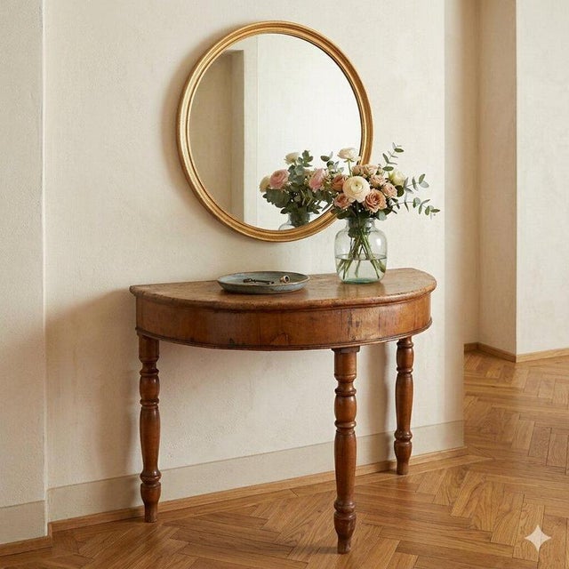 Walnut console table from the 19th century, originating from Italy, featuring a half-moon solid wood top. The apron is...