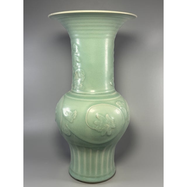 Mid 19th Century Ancient Chinese Longquan Celadon Peony Relief Gu Vase | One of a Kind For Sale - Image 5 of 7