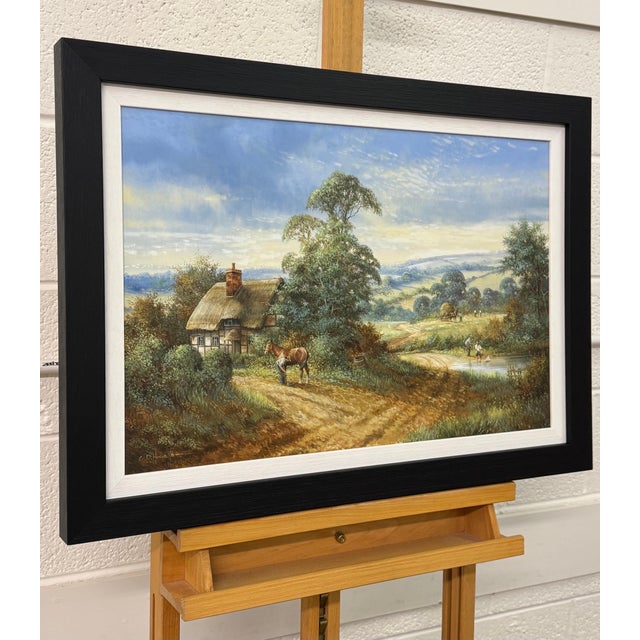 Rural Scene with Horses, Farm Workers & Thatched Cottage in English Countryside 1980 Circa For Sale - Image 9 of 16