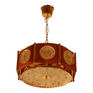 Swedish Mid-Century Modern Teak and Art Glass Pendant Chandelier For Sale