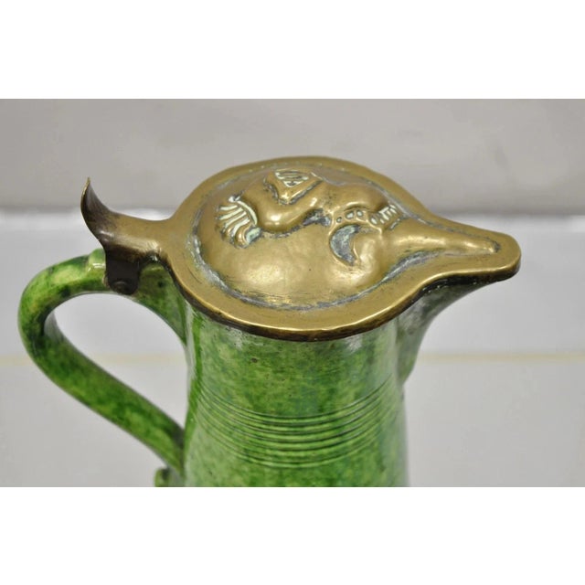 Antique Gothic Renaissance Green Ceramic Pitcher With Brass Soldier Armor Lid For Sale - Image 11 of 11