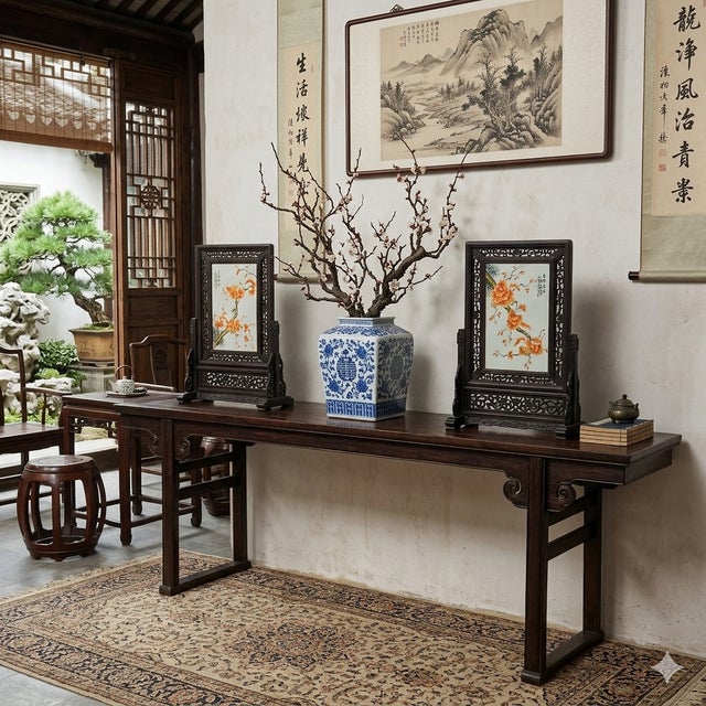 Wood Chinese Orange Blossoms Porcelain Painting Wood Frame Tabletop Screen Art For Sale - Image 7 of 9