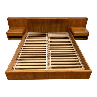 Queen Size Mid 20th Century Storage Teak Bed Frame + Nightstands For Sale