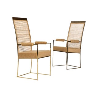 > Milo Baughman for Thayer Coggin Cane Back Arm Chairs - Pair For Sale