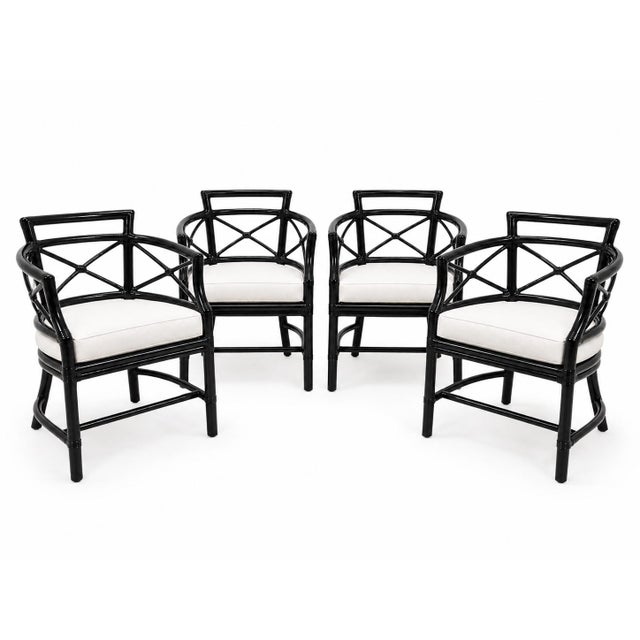 Set of four matching armchairs; Sherwin-Williams Caviar lacquered finish; white linen-look Kravet performance upholstery...