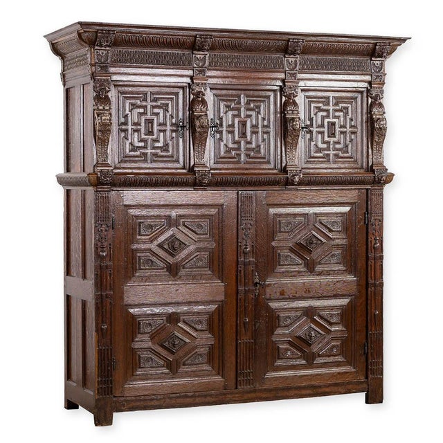 Rustic European Monumental 17th Century Richly Ornamented and Coffered Flemish Oak Cabinet For Sale - Image 3 of 12
