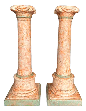 Vintage Italianate Marbleized Terracotta Pink and Green Plaster Candlestick Holders in the Form of Classical Columns - A Pair