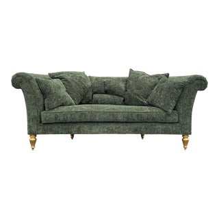 Henredon Schoonbeck Collection Green Damask Demilune Sofa With Six Throw Pillows For Sale
