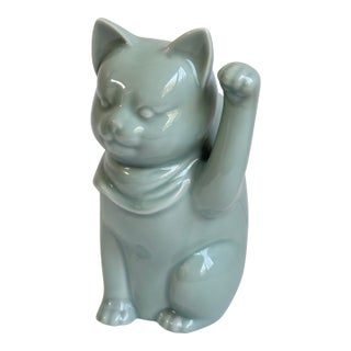 Mid 20th C. Gumps of San Francisco Celadon Glazed Porcelain Maneki-Neko Lucky Cat Figure For Sale
