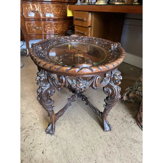 Gothic 19th Century Oval Victorian/ Renaissance Style Hand Carved Table With Inlay For Sale - Image 3 of 11