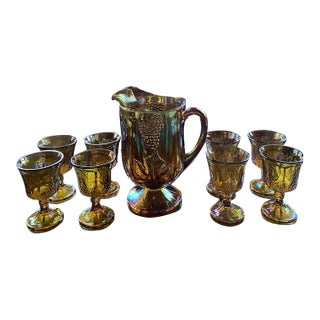 Vintage Indiana Glass Harvest Grape Marigold Iridescent Pitcher and 8 Goblets - 9 pcs For Sale