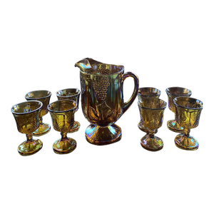 Vintage Indiana Glass Harvest Grape Marigold Iridescent Pitcher and 8 Goblets - 9 pcs