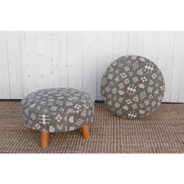 Pair of Black & White Mali Dhurrie Ottoman Stools For Sale - Image 4 of 10