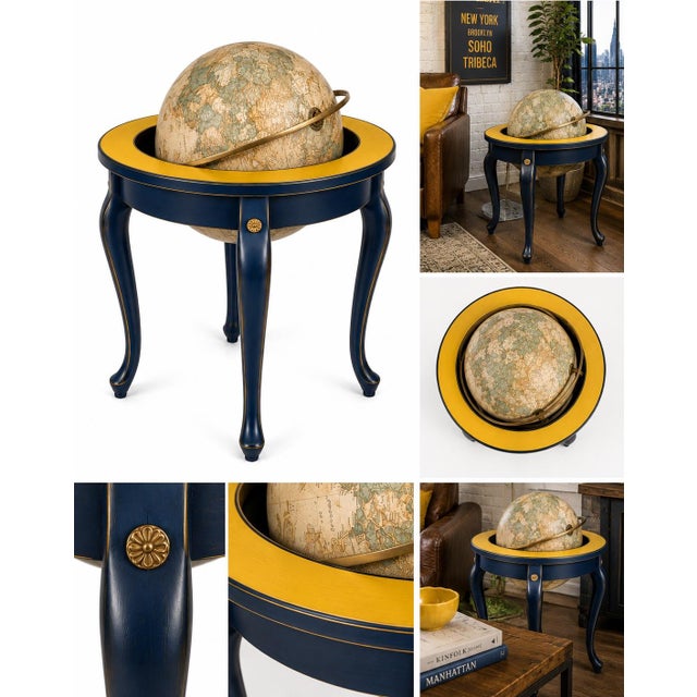 Queen Anne Midnight Blue & Canary Yellow Vintage Library Globe on Queen Anne Stand – New York Loft Designer Decor For Sale - Image 3 of 3