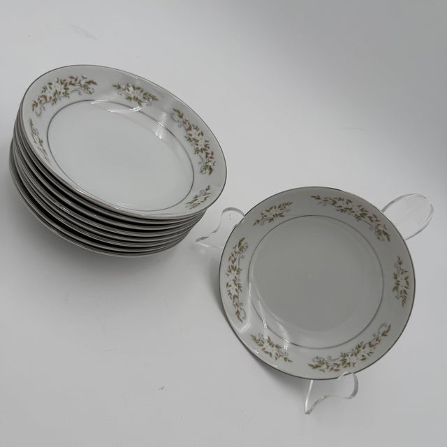 White Flowers, Green/Tan Leaves, Platinum rim Set of 9
