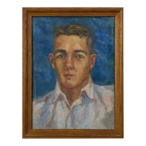 Vintage Expressionist Folk Art Portrait of Young Man, Oil on Board