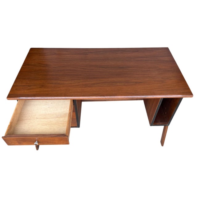 Restored 1960s Danish Modern Walnut Desk – Sculptural a-Frame Legs & Storage For Sale - Image 14 of 16