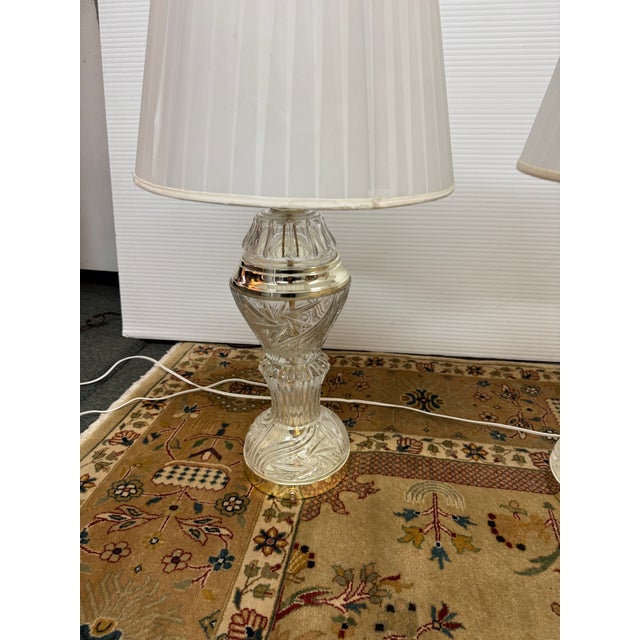 Stiffel Cut Glass + Polished Brass Vintage Table Lamps, Pair For Sale - Image 10 of 12