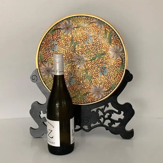 1980s Vintage Champleve Display Plate With Stand For Sale In San Antonio - Image 6 of 6